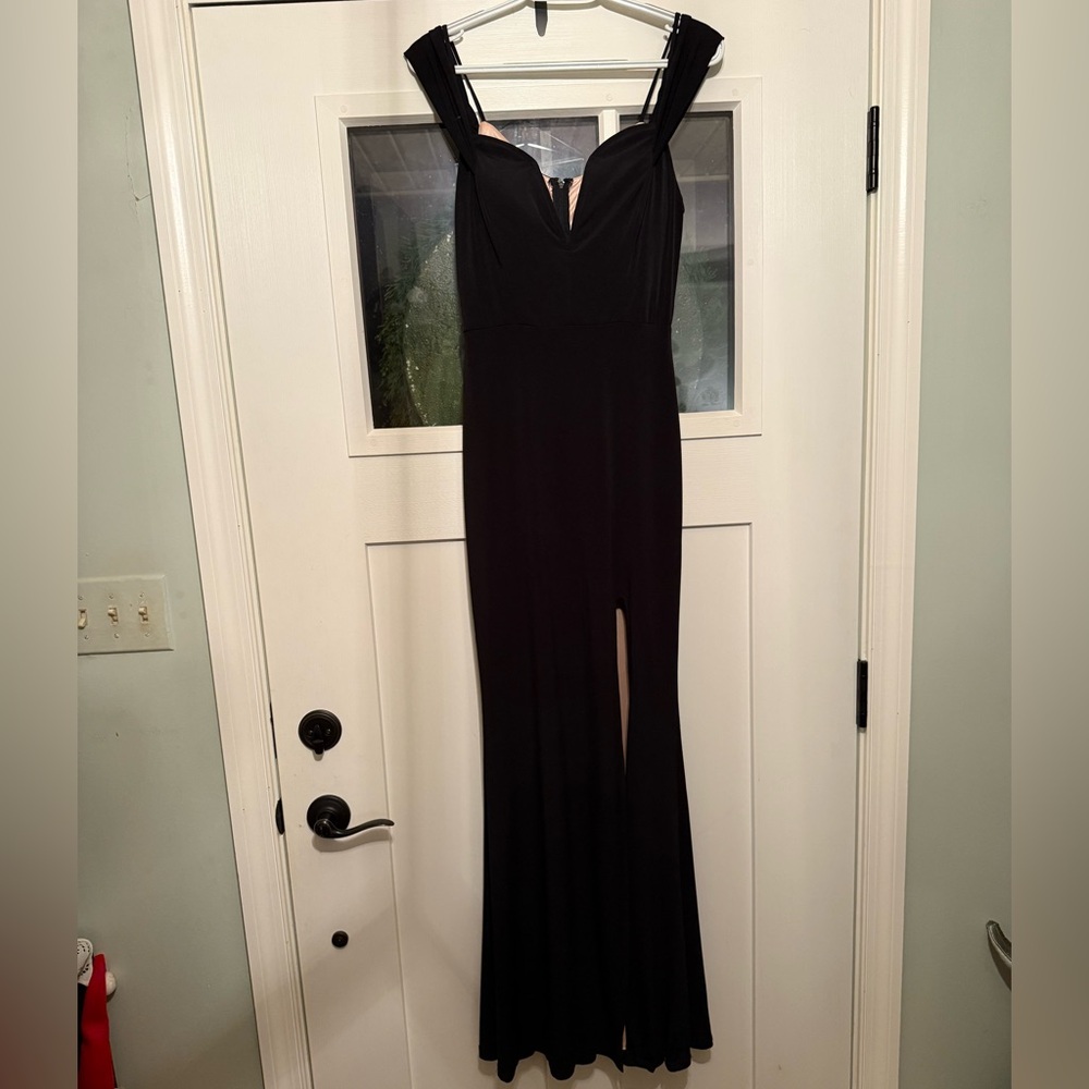 City Studios Juniors’ Off-The-Shoulder Gown.